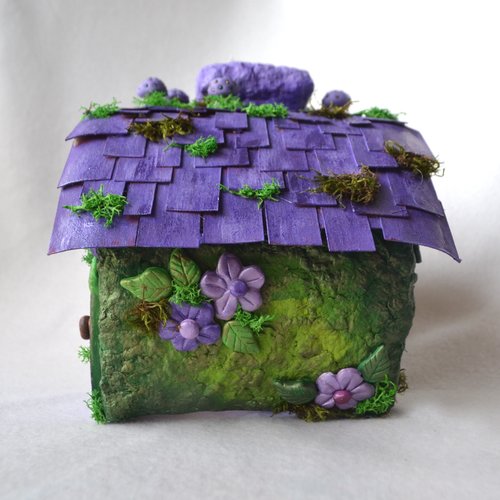 Handmade purple Fairy house tissue box cover