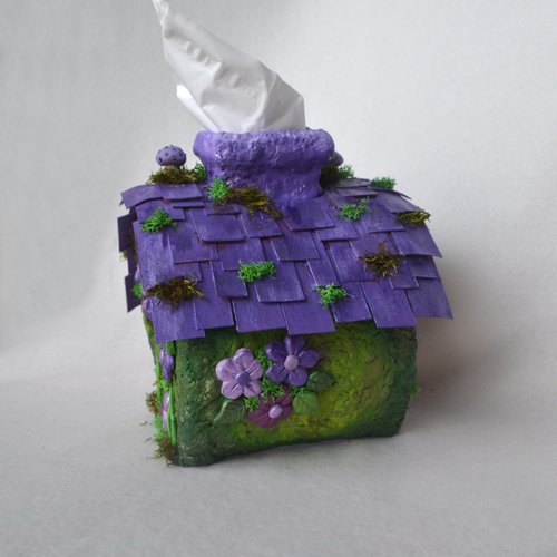 Handmade purple Fairy house tissue box cover