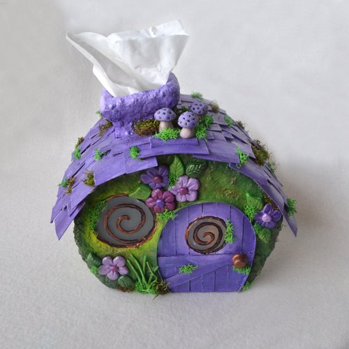 Handmade purple Fairy house tissue box cover