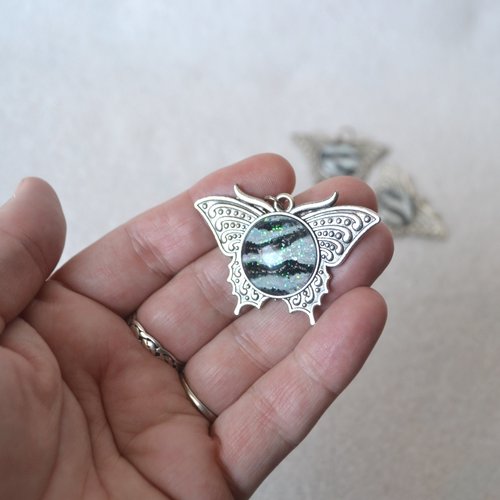 Butterfly pendant - Zebra, Green and pastel Rainbow Faux stones