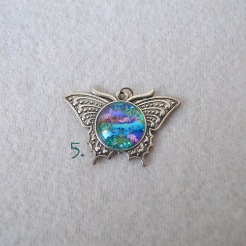 Butterfly pendant - Zebra, Green and pastel Rainbow Faux stones